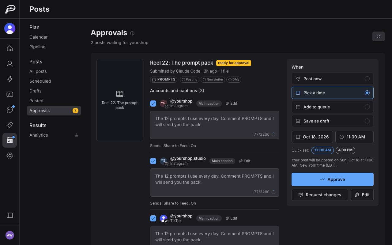 The Approvals page in Postkey: a post submitted by Claude Code, ready for approval, with the time to post and an Approve button.