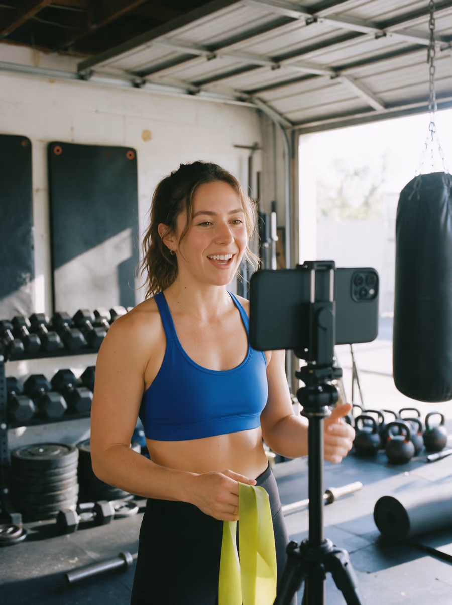 Example: a fitness coach in a blue sports top filming on a phone tripod in a garage gym.